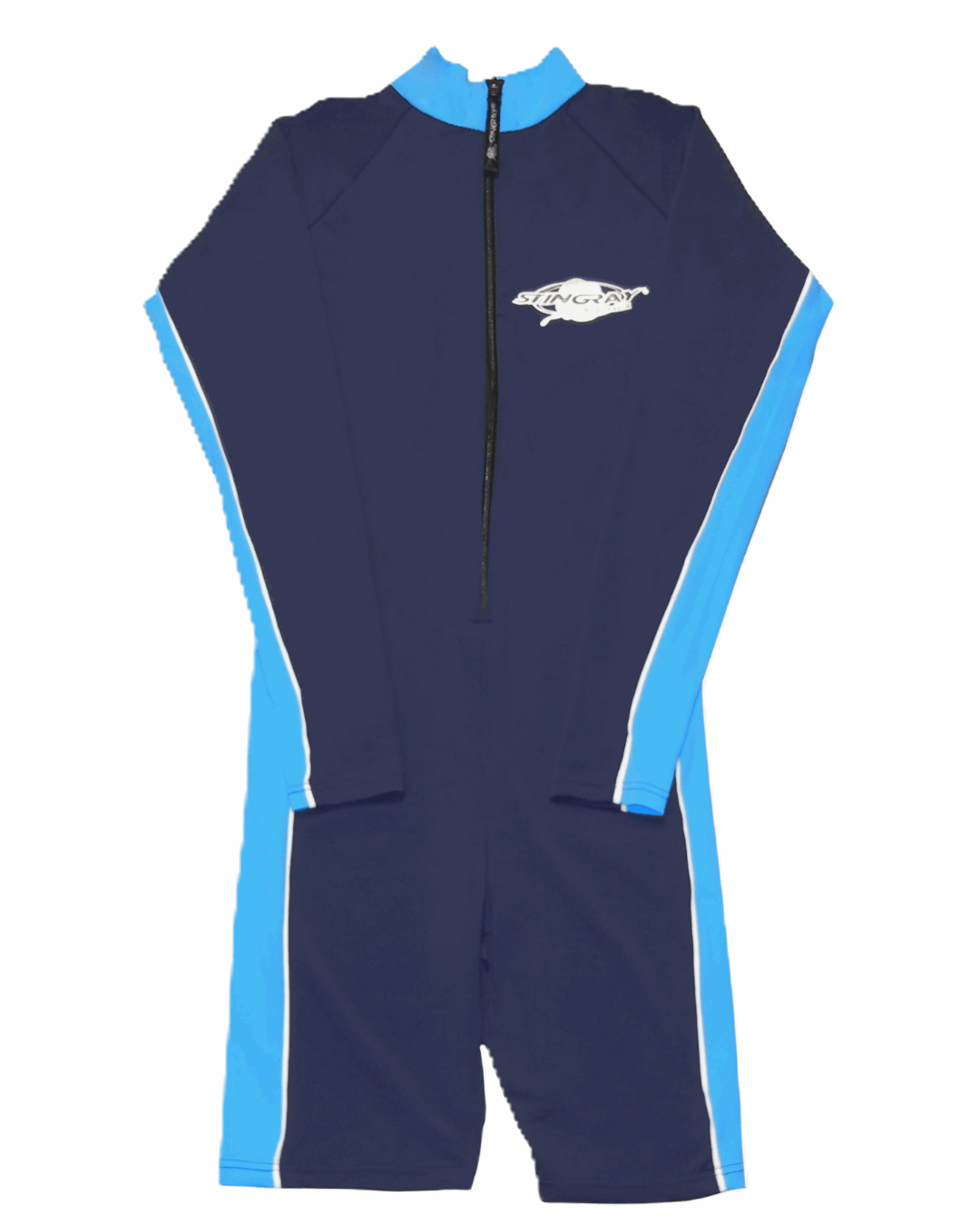 Long sleeve navy and blue UV protection sunsuit with a Stingray logo on a white background
