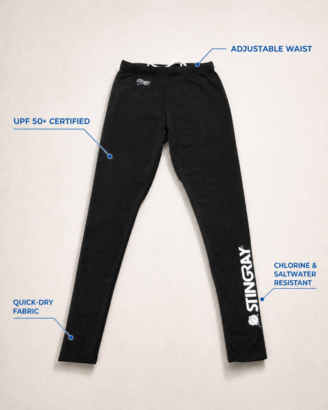 Annotated Features Flat Lay of Men's UV swim leggings UPF 50+ - black