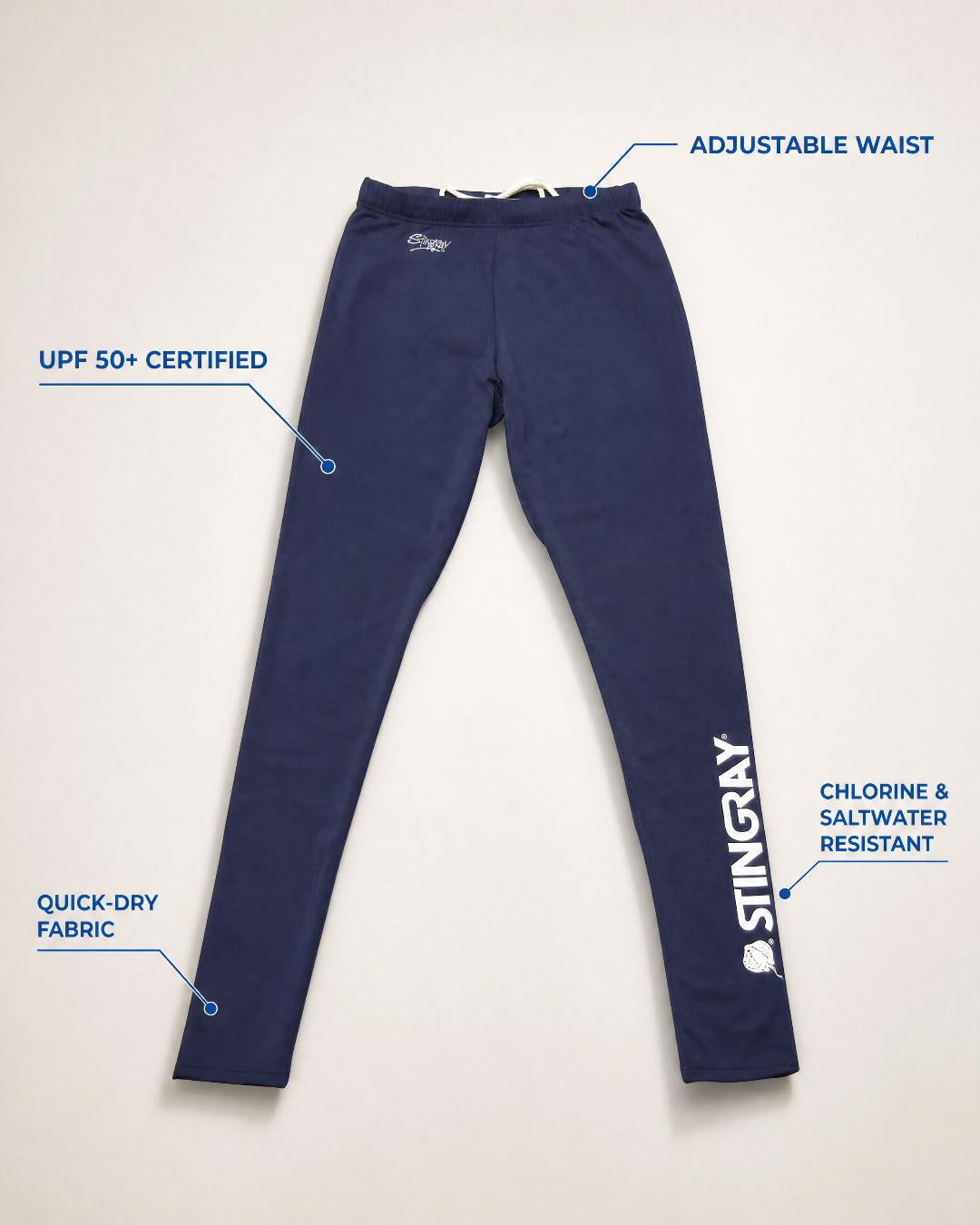 Annotated Features Flat Lay of Women's UV swim leggings UPF 50+ - Navy