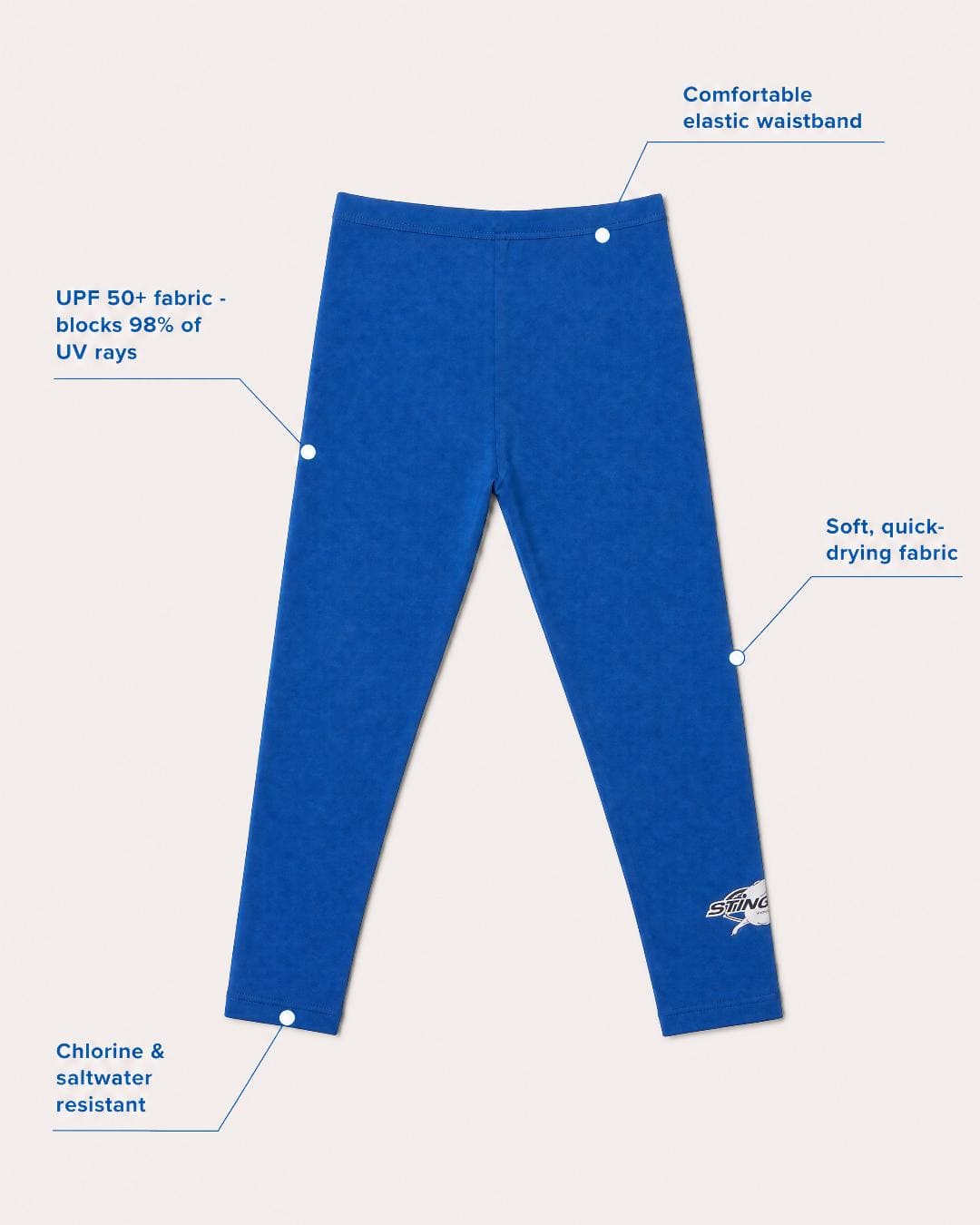 Annotated flat lay of toddlers sun protection leggings UPF 50+ in blue