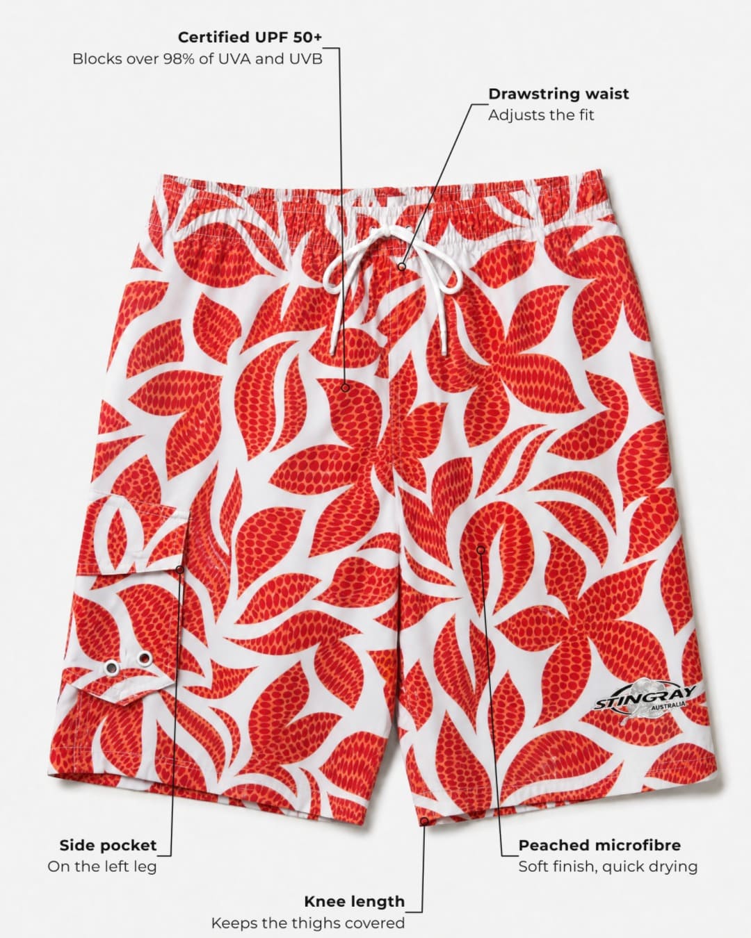Annotated features red hawaii Stingray UV board shorts UPF 50+ in studio