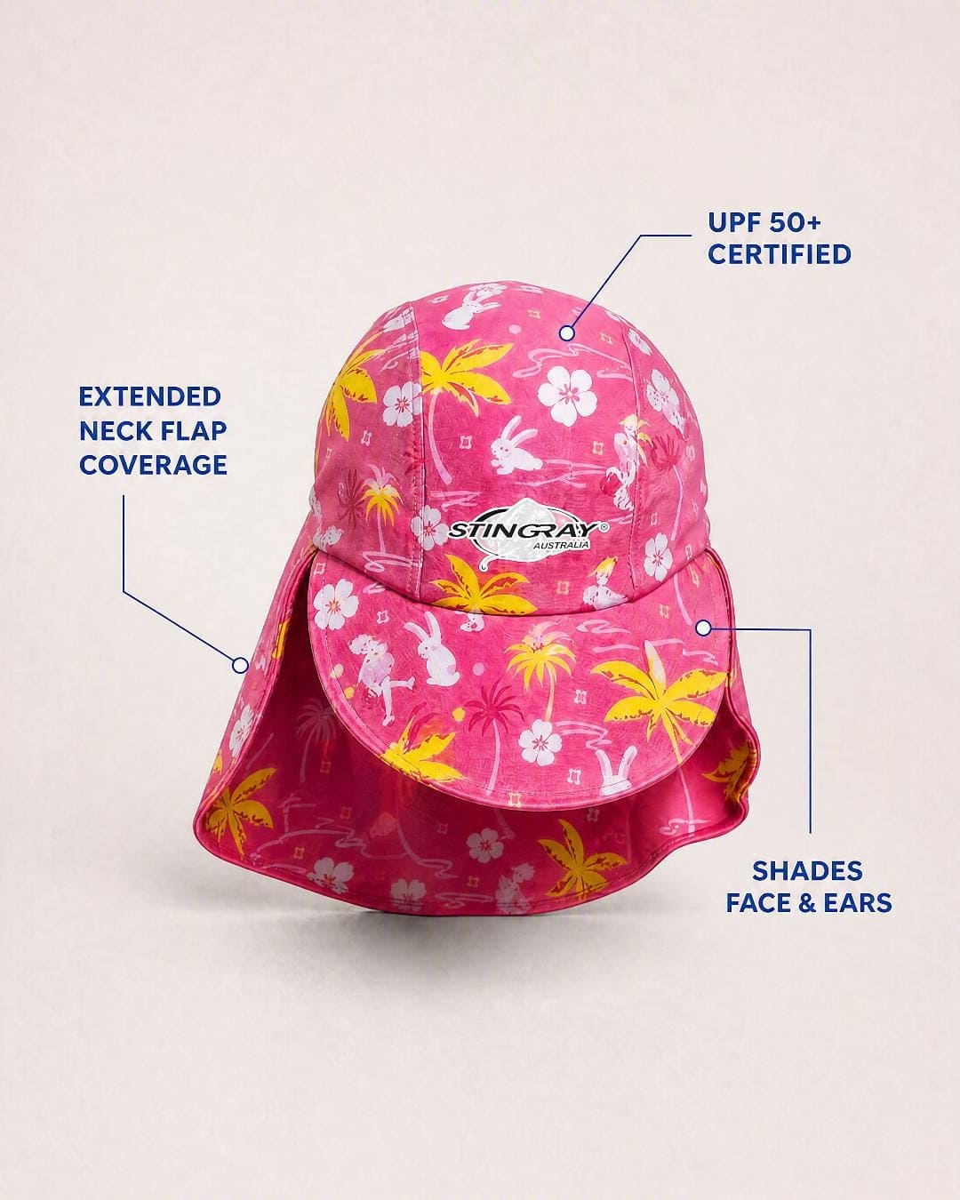 Baby legionnaire cap in studio - features annotated - floral