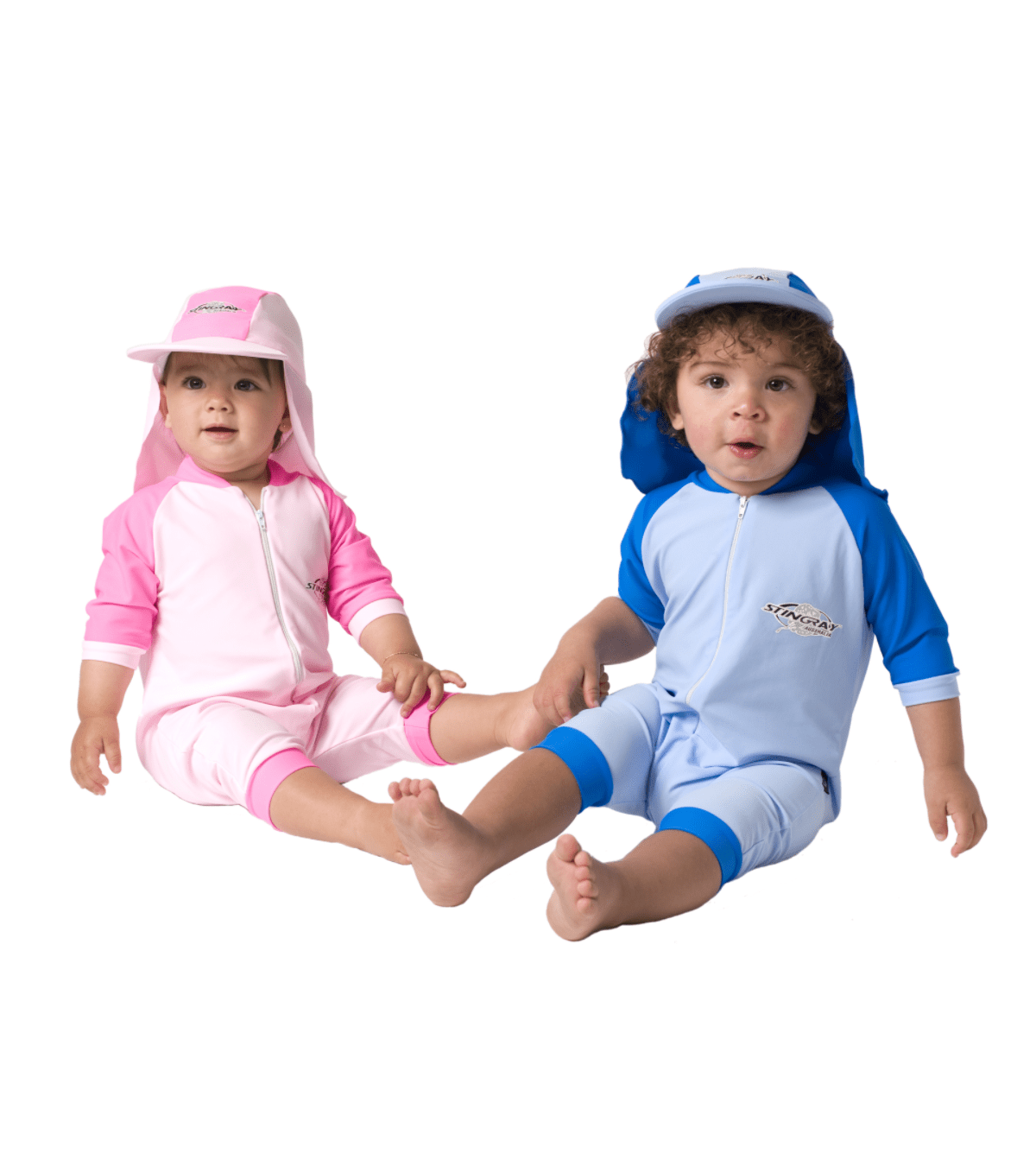 2 babies wearing short sleeve UPF 50+ suit