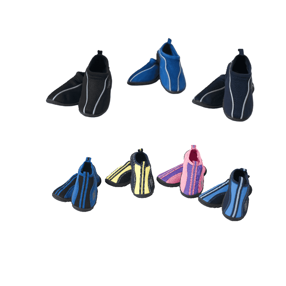 Newborn/baby/infant pool shoes and childrens/kids wet/pool shoes for boys and girls on the bottom. Adult beach shoes for men and women on the top