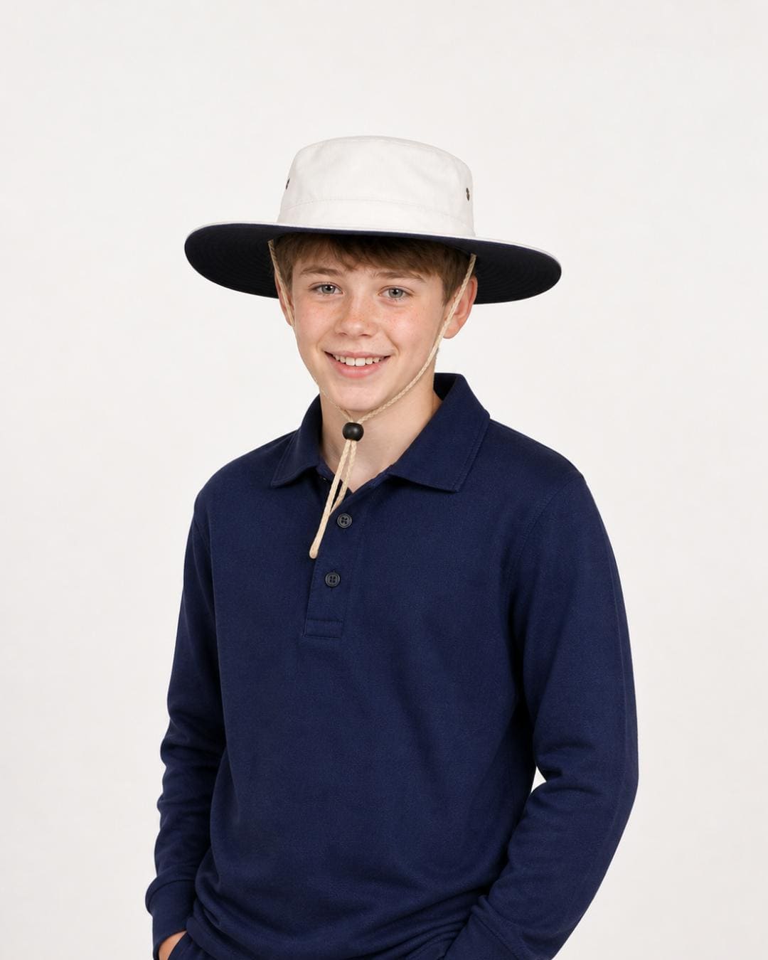 Child wearing a white long-sleeve shirt and wide-brimmed UPF 50+ UV cricket hat in a white studio
