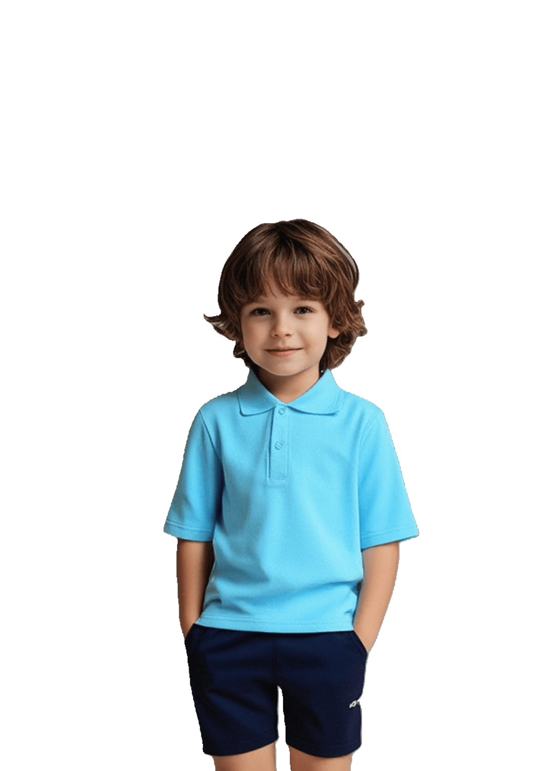 Kids wearing the ice blue Stingray Kids' Short Sleeve Polo Shirt, featuring a smooth cotton-polyester blend with vented armpits for breathability, and a sun protection rating of UPF 50+.