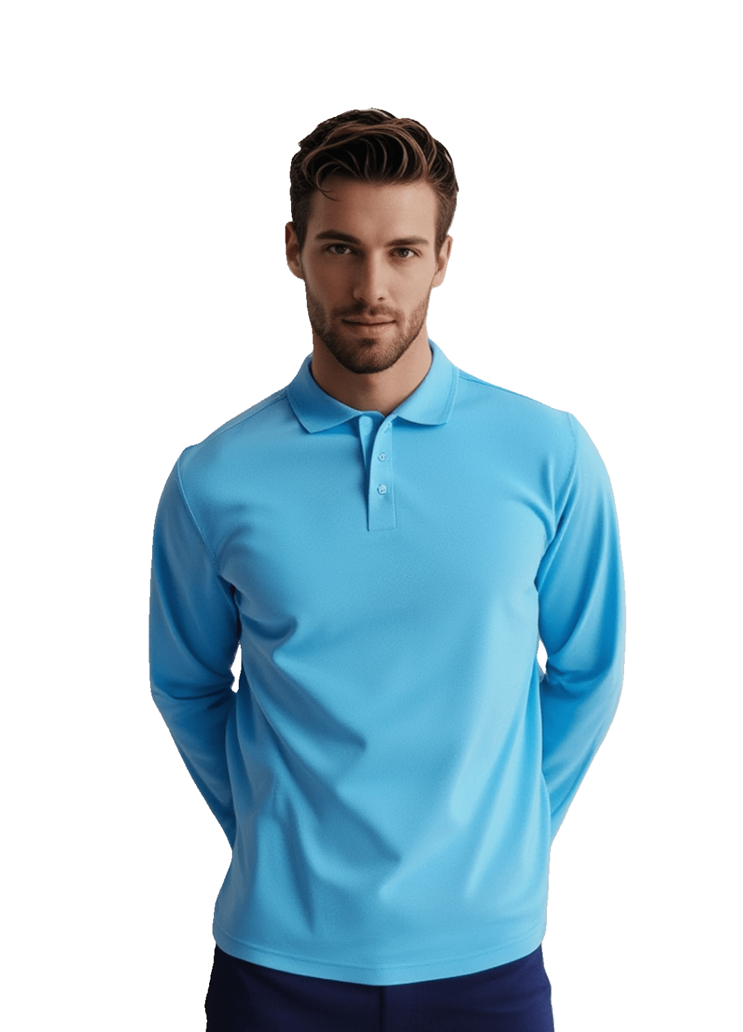 Model wearing Stingray Ice Blue Long Sleeve UV Protection Polo Shirt with vented armpits, soft cotton-polyester blend, and UPF 50+ sun protection.
