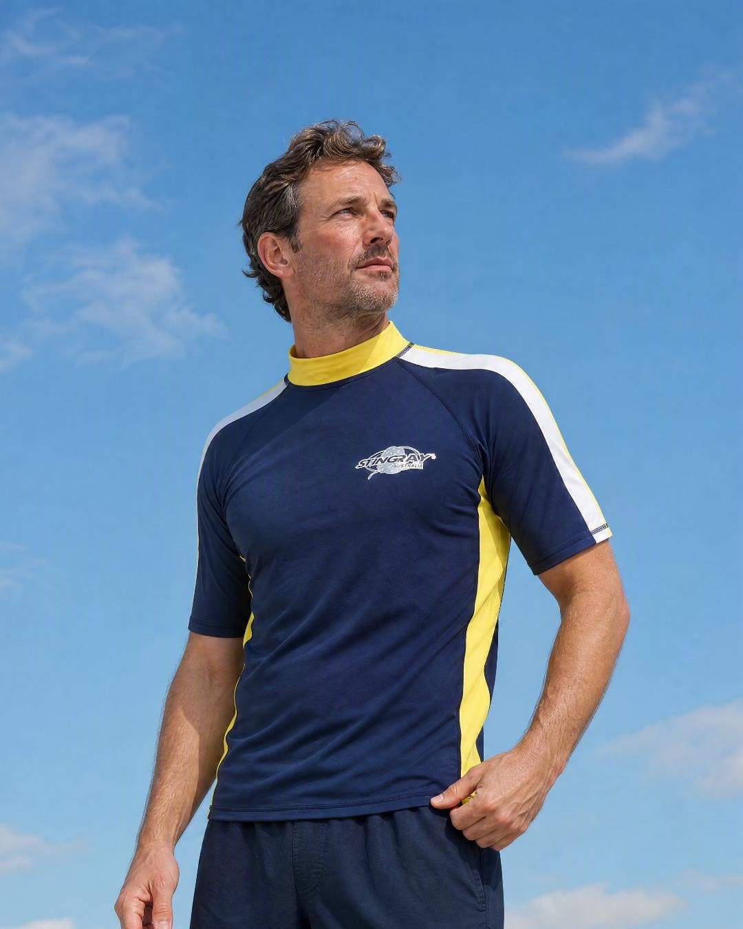 Lifestyle of Mens Navy Yellow White Short Sleeve UV Swim Shirt UPF 50+