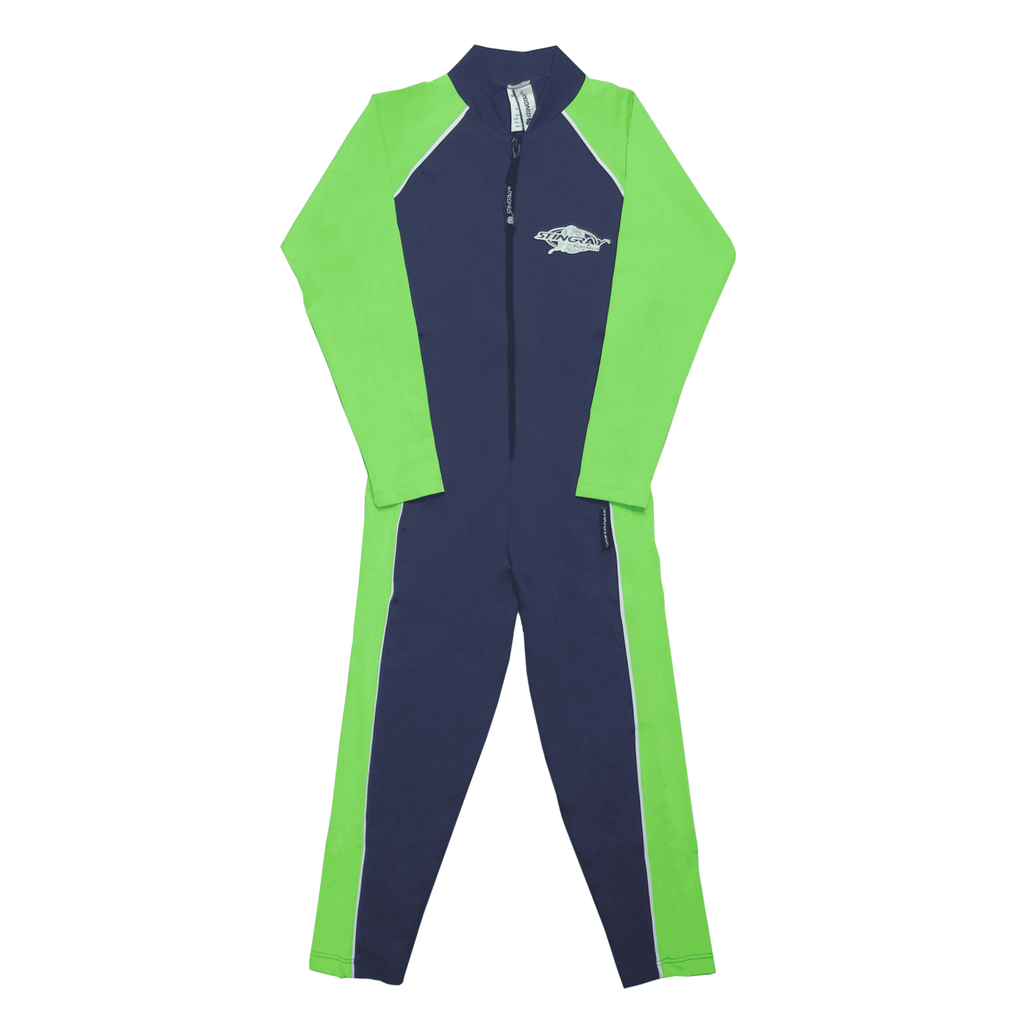 Navy and green kids full-body UPF 50+ sunsuit lay flat