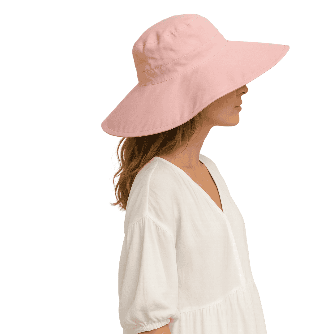 Woman wearing the wide brim UPF 50+ sun hat
