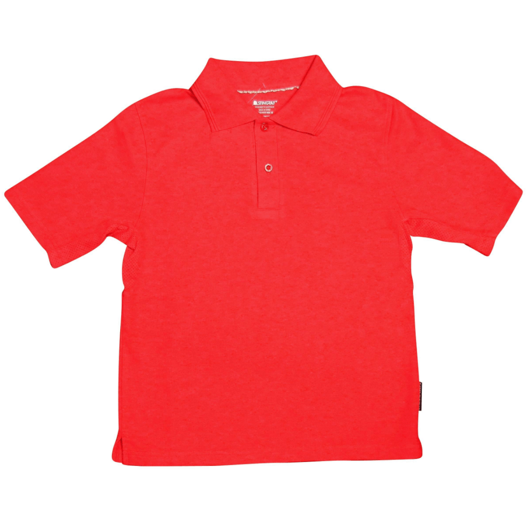 Red UPF 50+ polo shirt on a white background