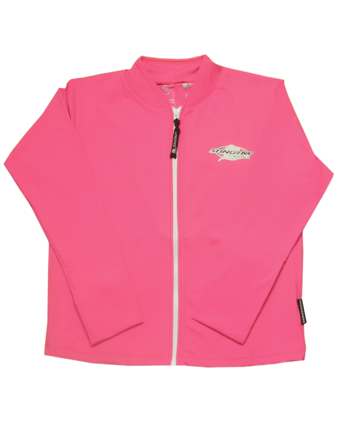 Flat lay of the pink Stingray Zipped Long Sleeve Jacket with front zip and made from UPF 50+ sun protection fabric.