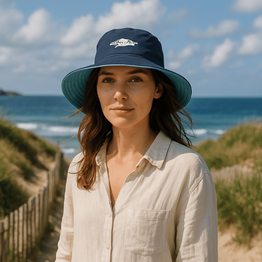Woman wearing UPF 50+ reversible bucket hat