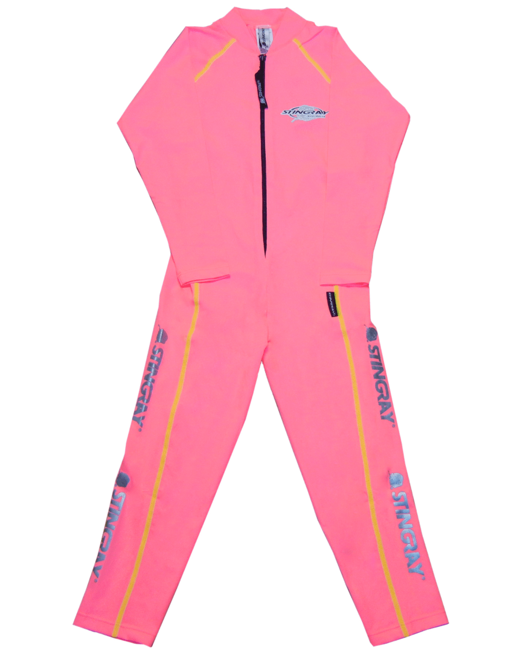 Flat lay of a toddler's pink full body sun protection suit with Stingray branding on a white background