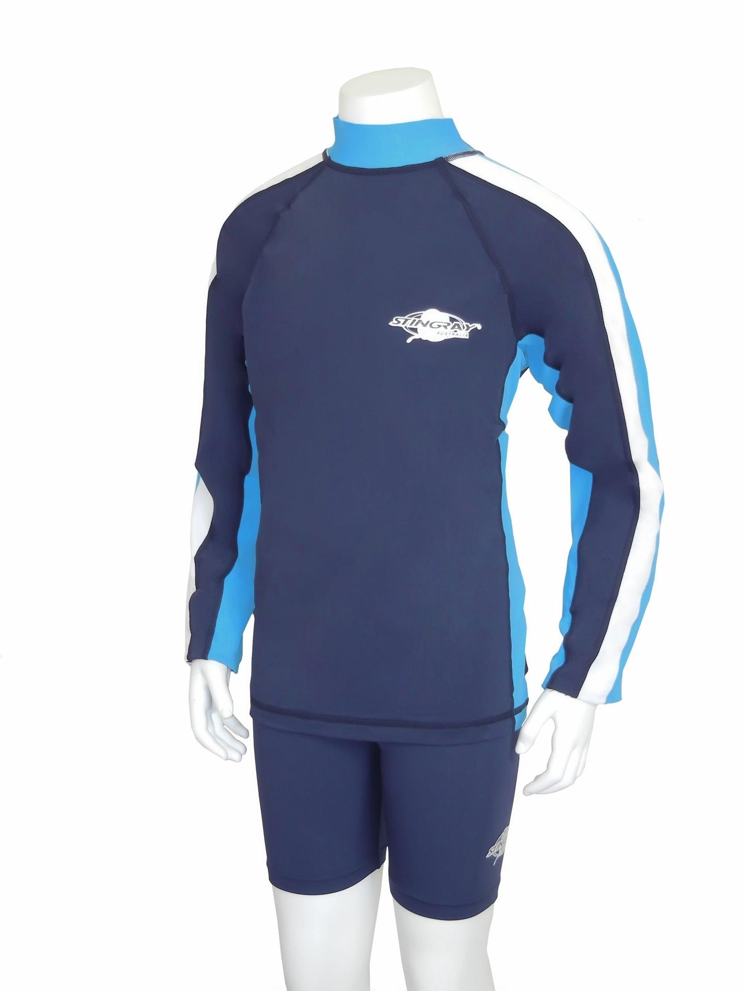 Navy azure and white Stingray Kids' Long Sleeve Rash Shirt, tri-colour design with stripe down the sleeve, offering full sun protection with UPF 50+, long sleeves, and a high collar.