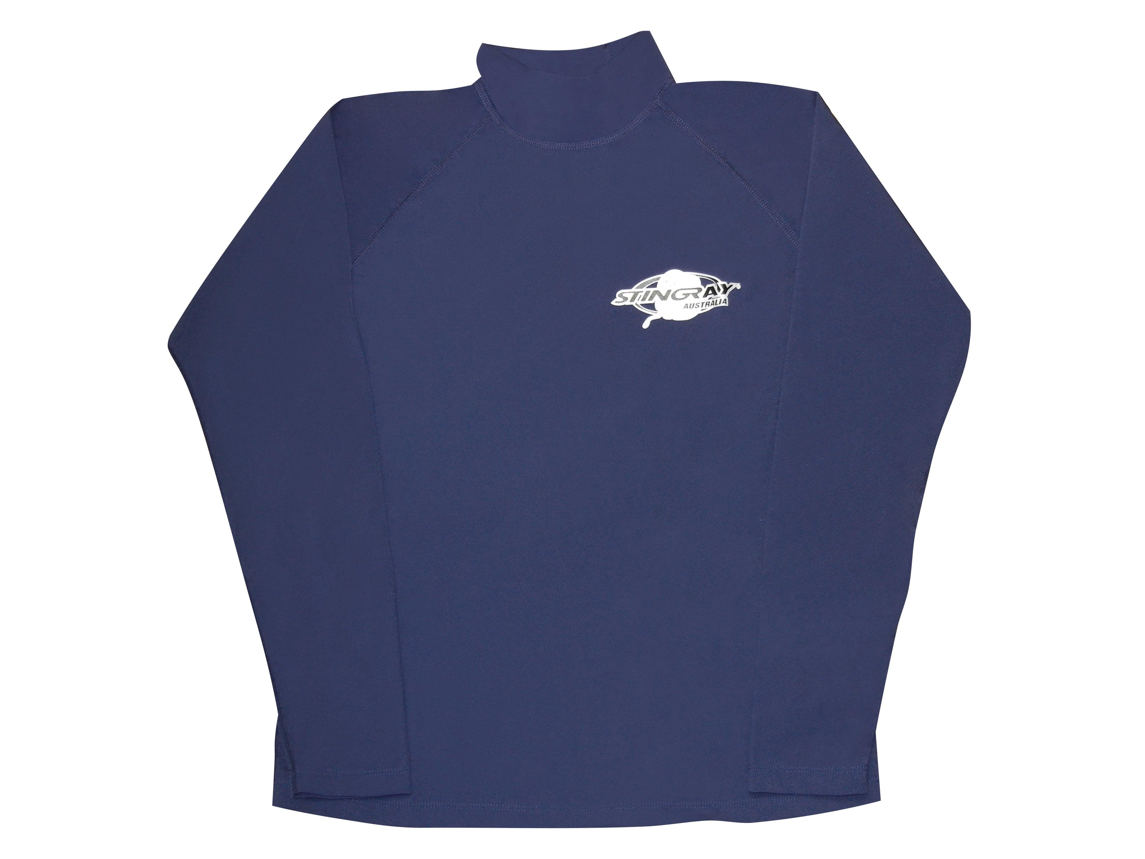 Front-view of Stingray navy unisex long sleeve rash shirt with UPF 50+ sun protection, made from chlorine-resistant fabric for swimming and outdoor activities.