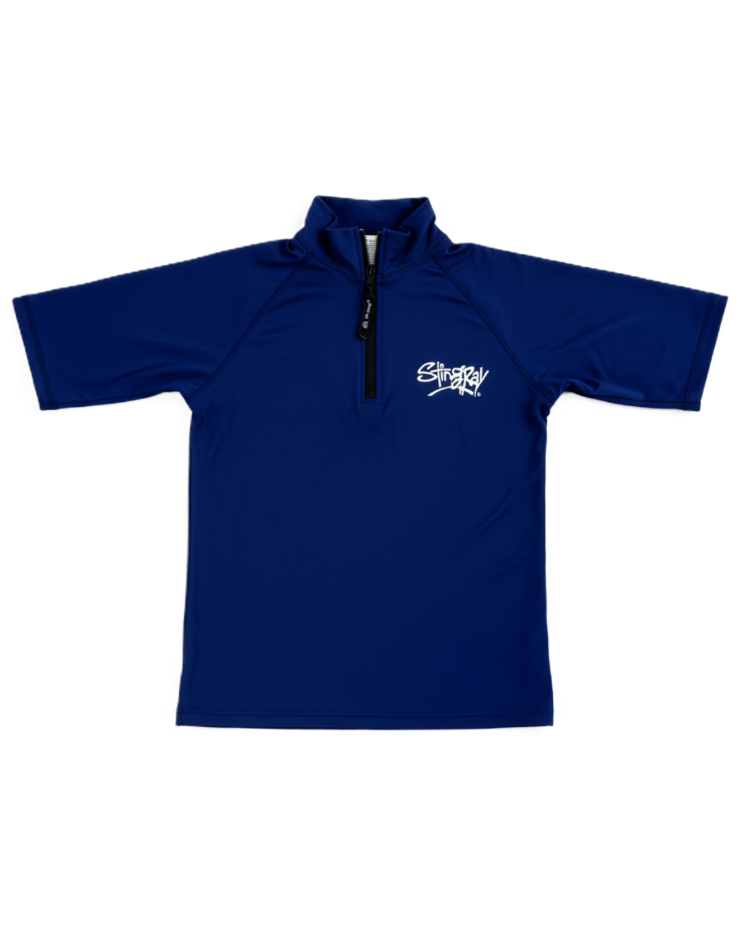Navy blue short-sleeve zipped UV rash guard with a Stingray logo on a white background