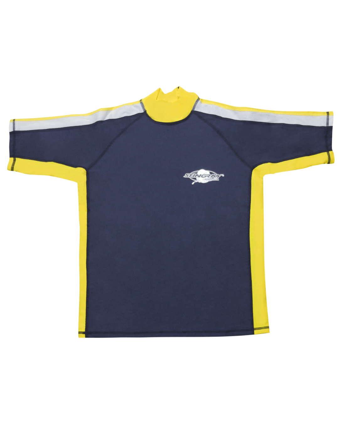 Navy, white and yellow UPF 50+ rash shirt flat lay