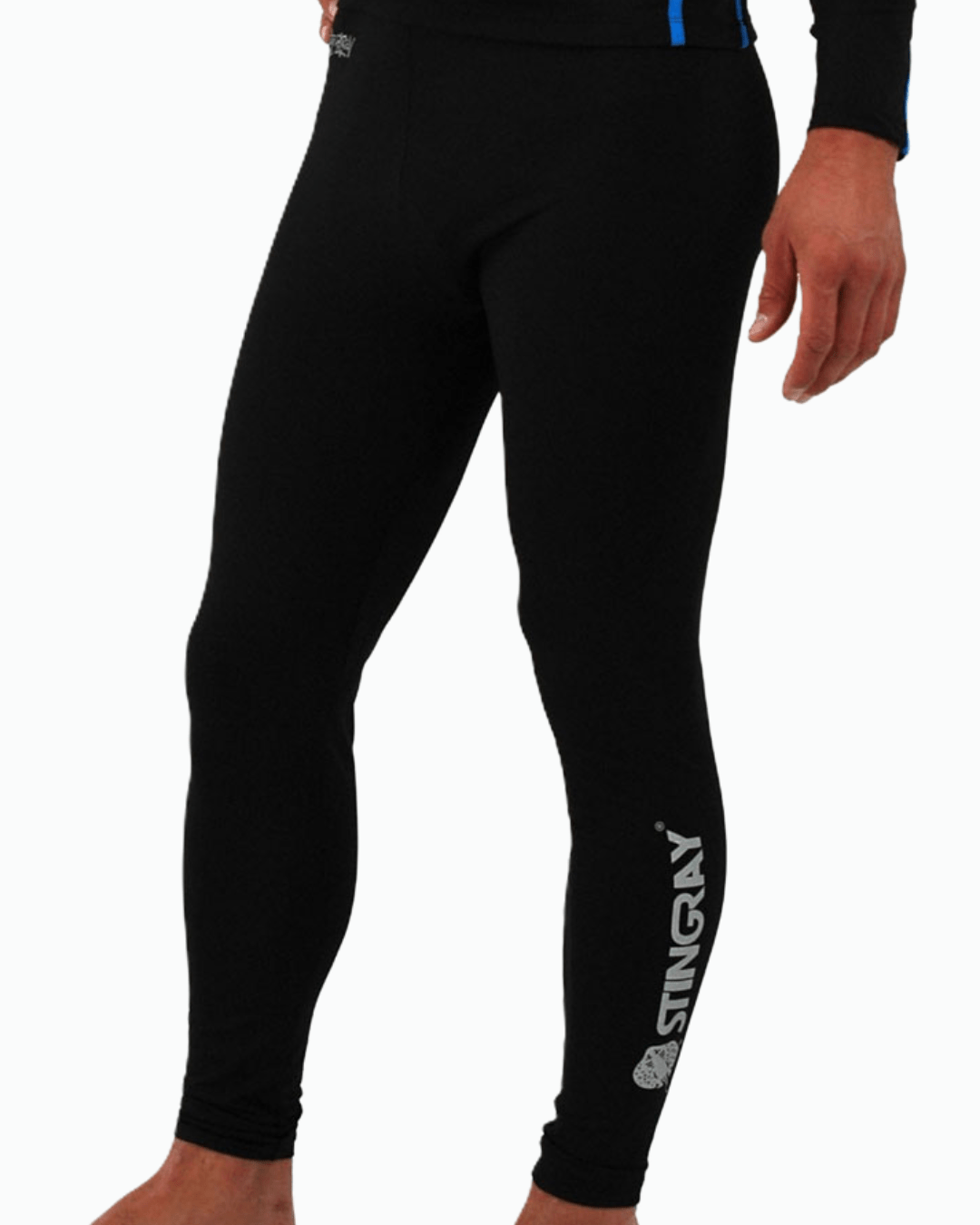 Man wearing the Stingray UPF 50+ Leggings in black with stingray text along the side.
