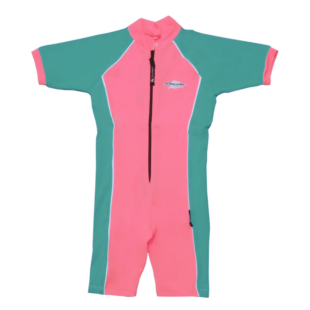 Pink and green children's UPF 50 full-body swimsuit on a white background