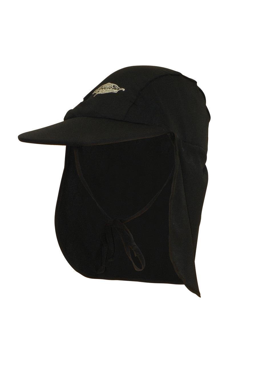 Stingray black Legionnaire-style sun hat with neck flap, UPF 50+ chlorine-resistant fabric, designed for outdoor and water activities.