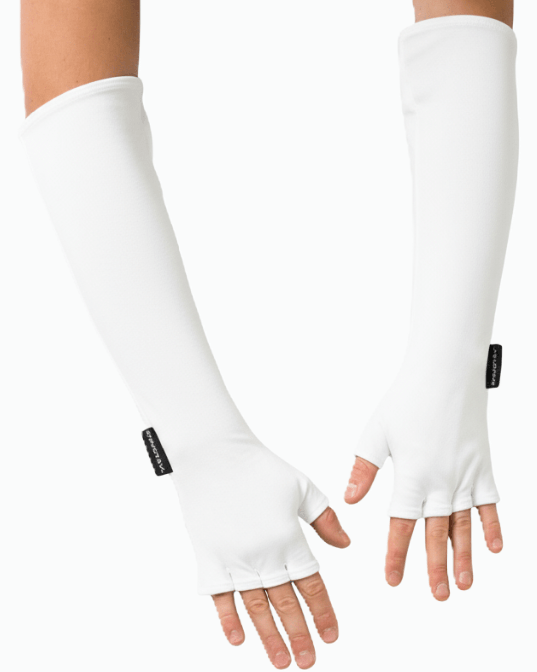 Person wearing white fingerless sun protective UPF 50+ sleeves on a white background