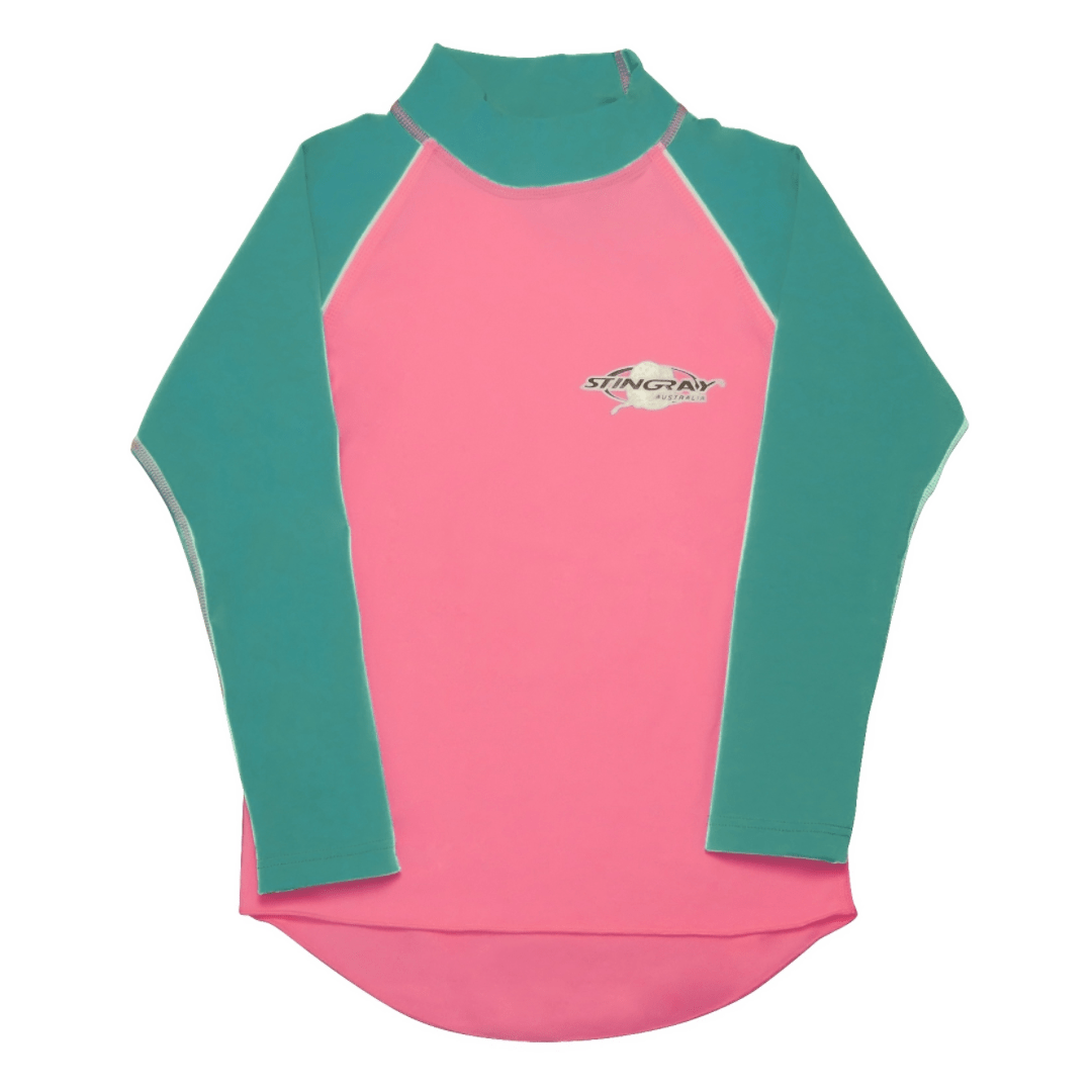 Pink and teal kids UPF 50+ long-sleeve shirt with stingray logo on a white background