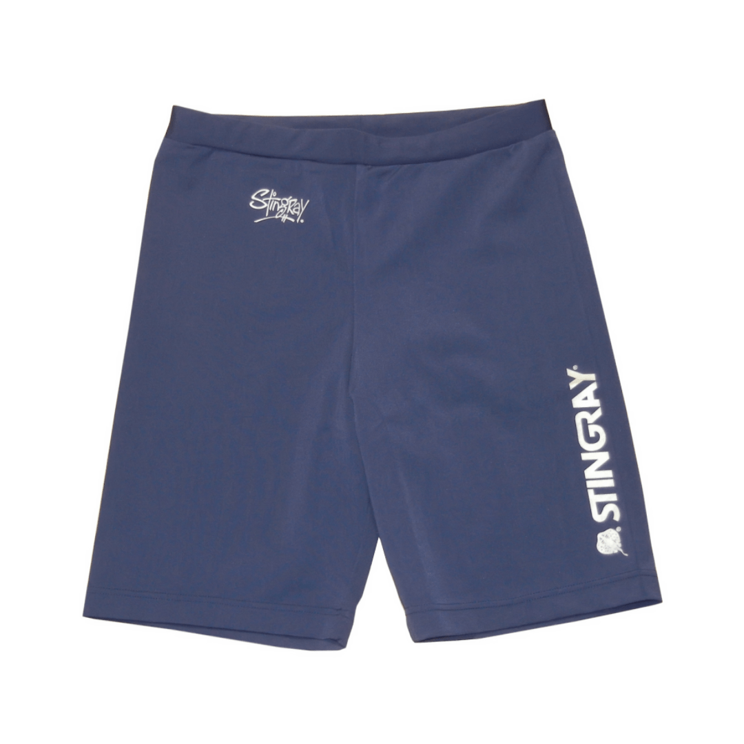 Navy UPF 50+ swim shorts with Stingray logo on a white background