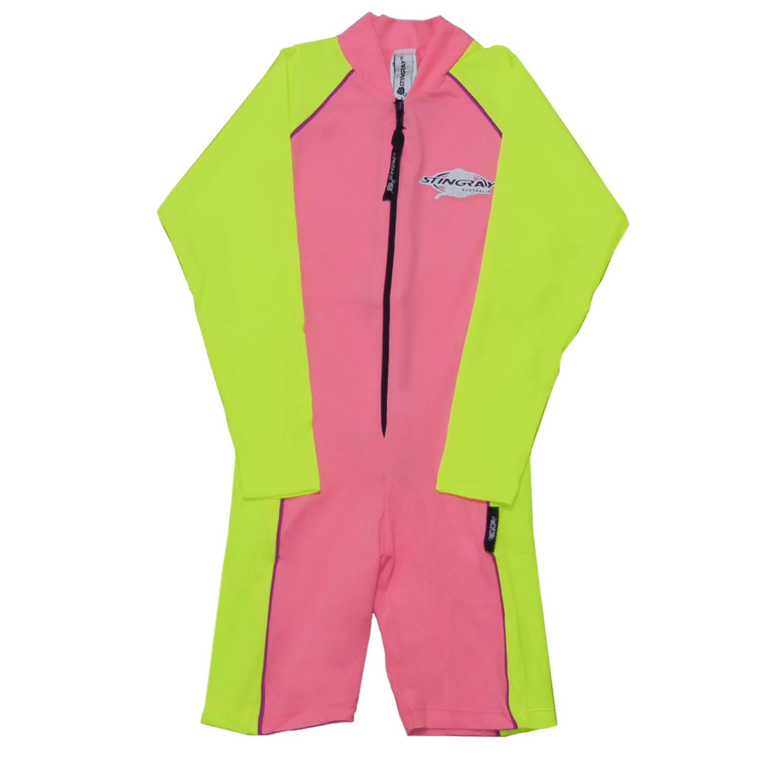 Pink and green UPF50 swimsuit with stingray logo on a white background