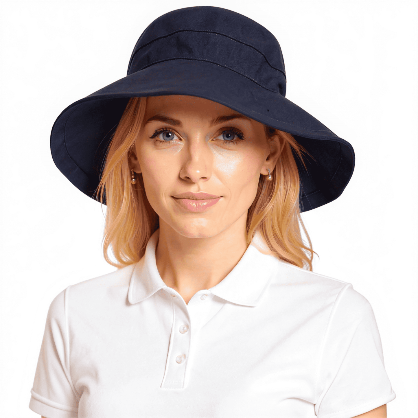 Model wearing navy Stingray Women's Sun Hat with 4-inch wide brim and UPF 50+ sun protection. Fully-lined 100% cotton wide-brimmed sun hat with adjustable interior drawstring.