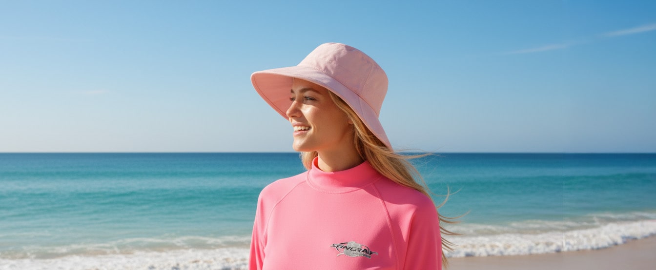 Women wearing uv protection swimwear and a uv wide brim sunscreen sun hat