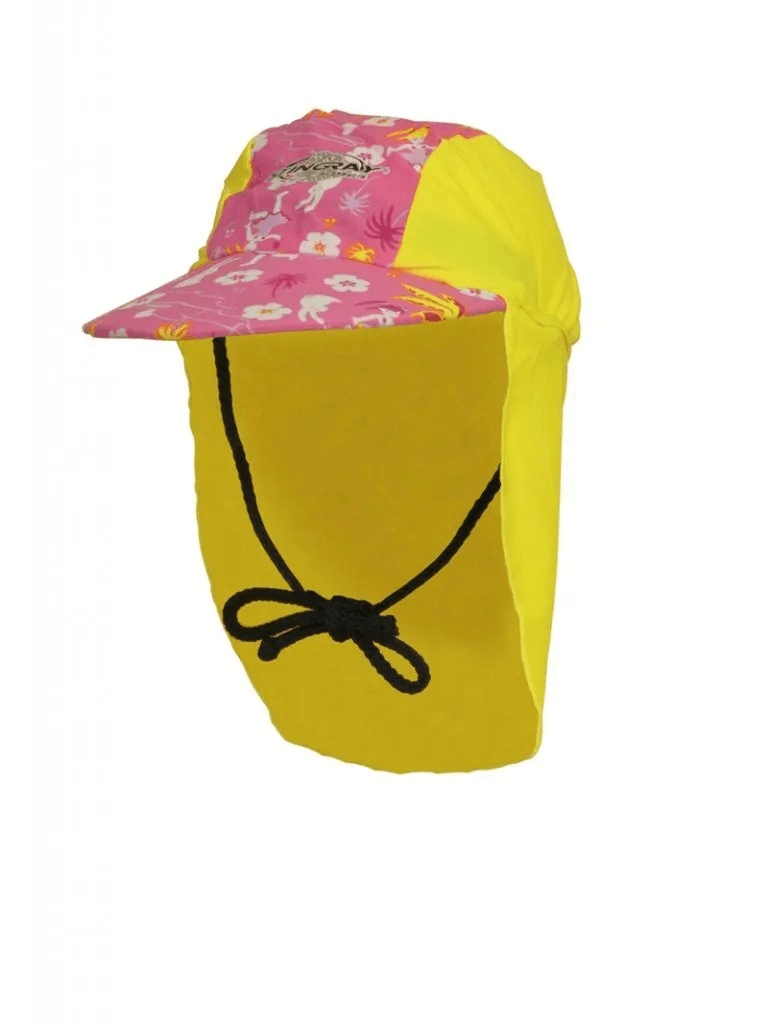 Hawaii and yellow Stingray Kids' Legionnaire Cap UPF 50+ in chlorine-resistant fabric, offering sun protection and featuring a secure drawstring.