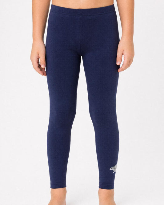 12 year old wearing navy blue UV swim leggings UPF 50+ on a white background