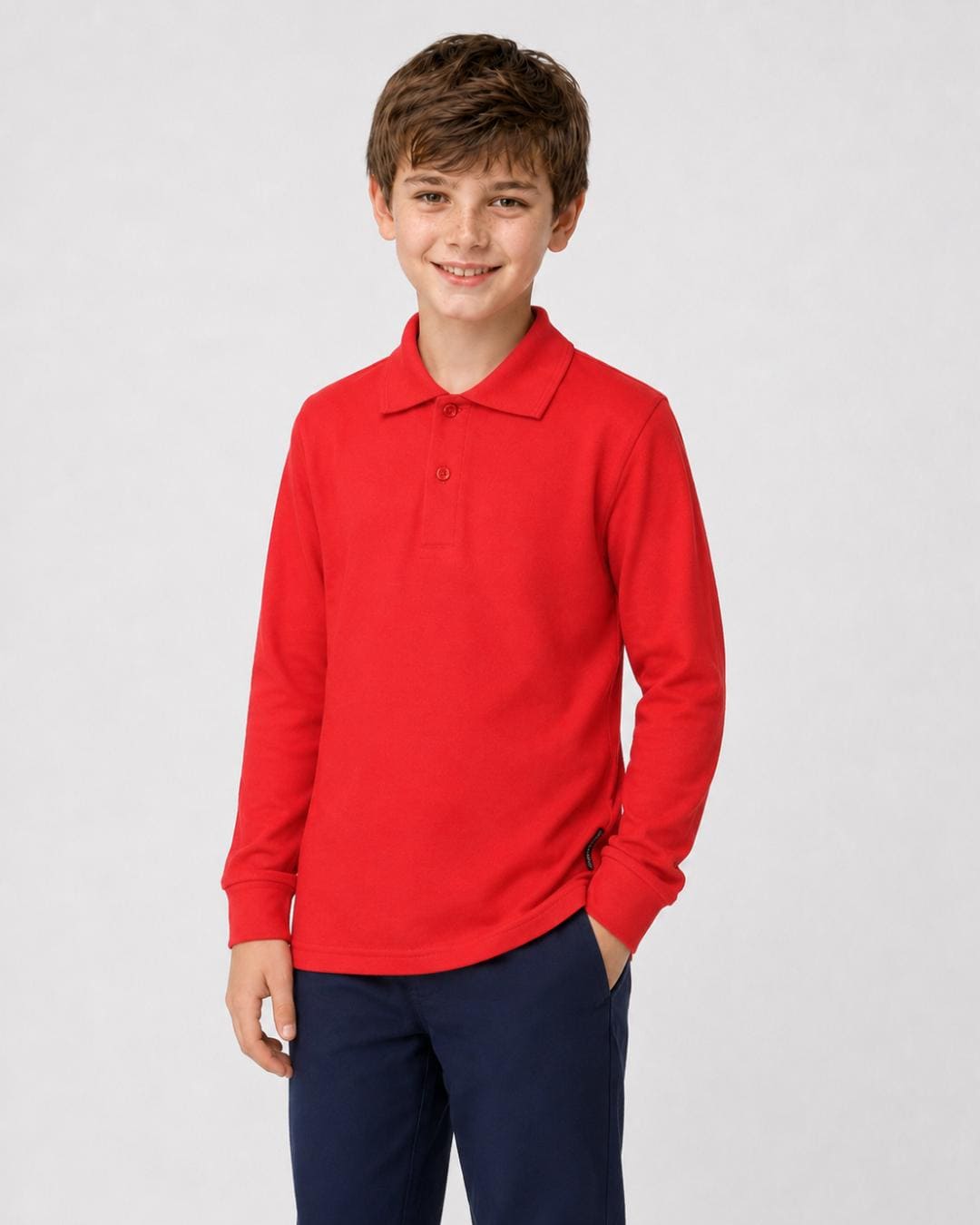 14 year old boy wearing a red long-sleeve UV polo shirt and trousers on a white background