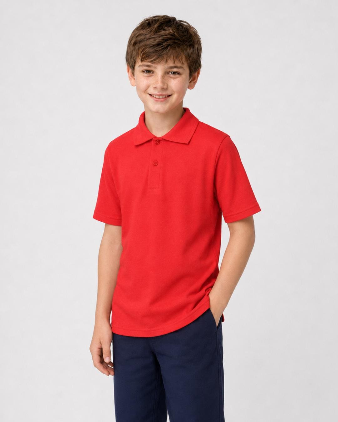 14 year old boy wearing short sleeve red UV polo shirt UPF 50+ in a studio