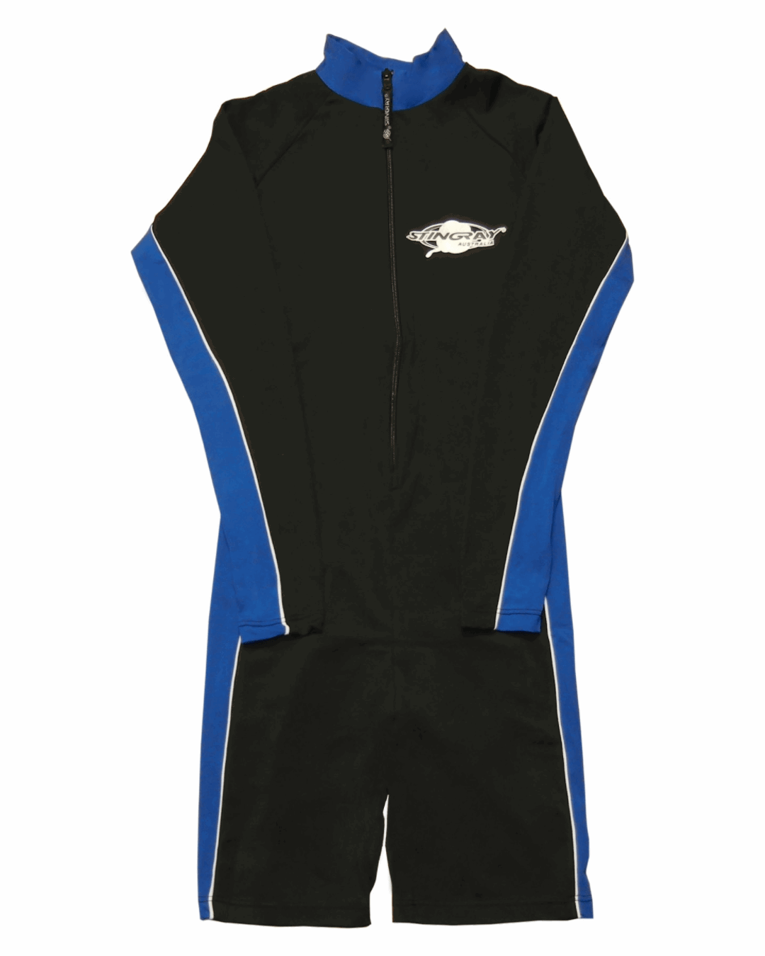 Long sleeve black and blue UV protection sunsuit with a Stingray logo on a white background