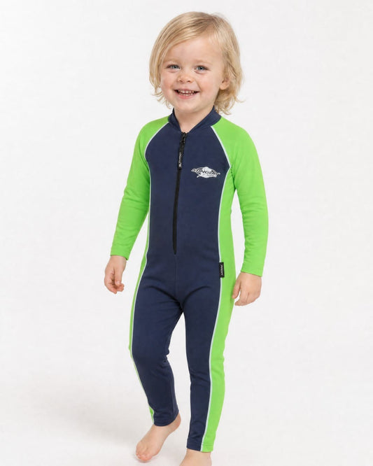 2 year old child/toddler wearing a full-body navy and green UV swimsuit UPF 50+ on a white background