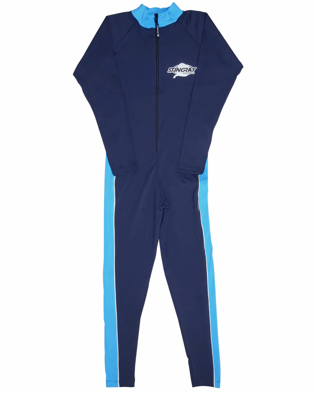 Navy blue and light blue full body sunsuit with a Stingray logo on a white background