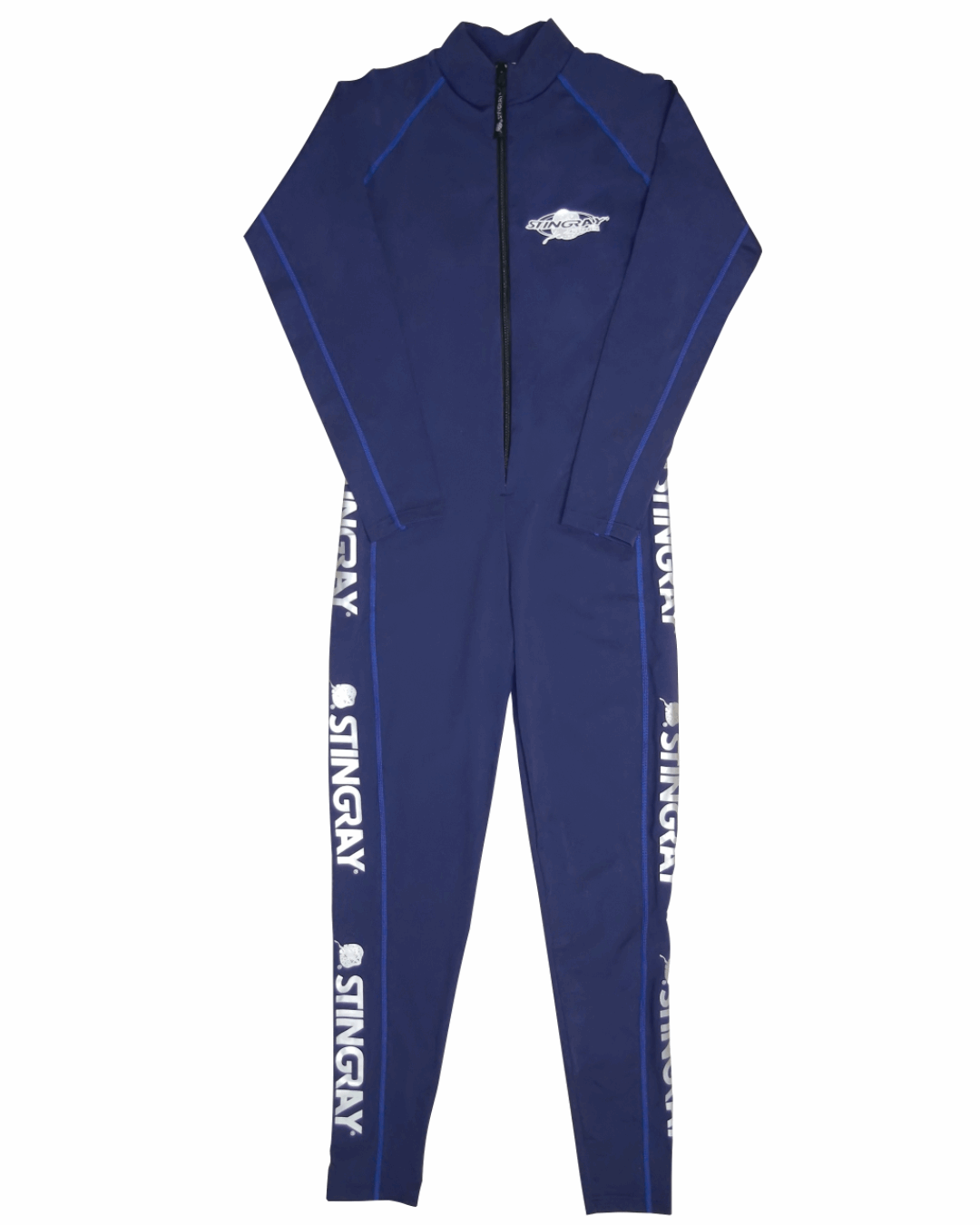 Blue UPF 50+ sunsuit with Stingray branding on a white background