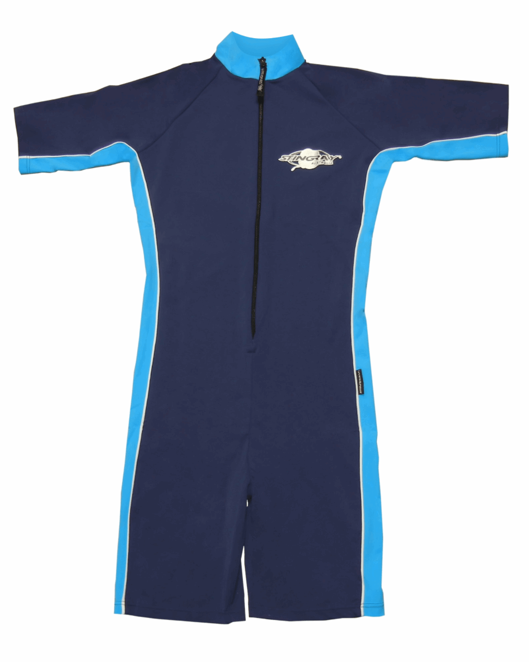 Navy blue and blue UV protection (UPF 50+) sunsuit with a Stingray logo on a white background