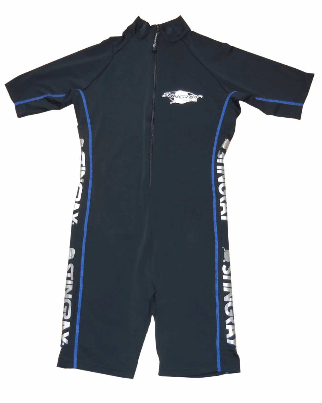 Black UV protection (UPF 50+) sunsuit with a Stingray logo on a white background