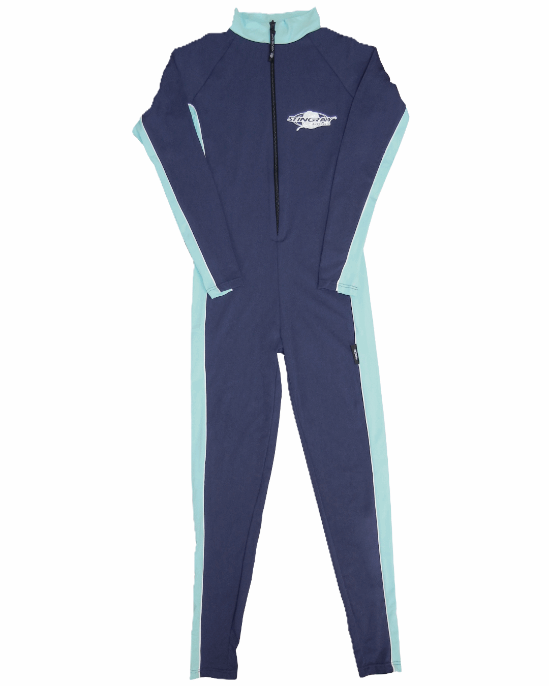 Navy and light blue UPF 50+ sunsuit on a white background