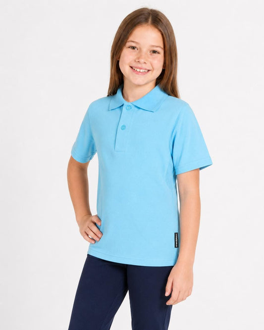8 year old girl wearing short sleeve ice blue UV polo shirt UPF 50+ in a studio