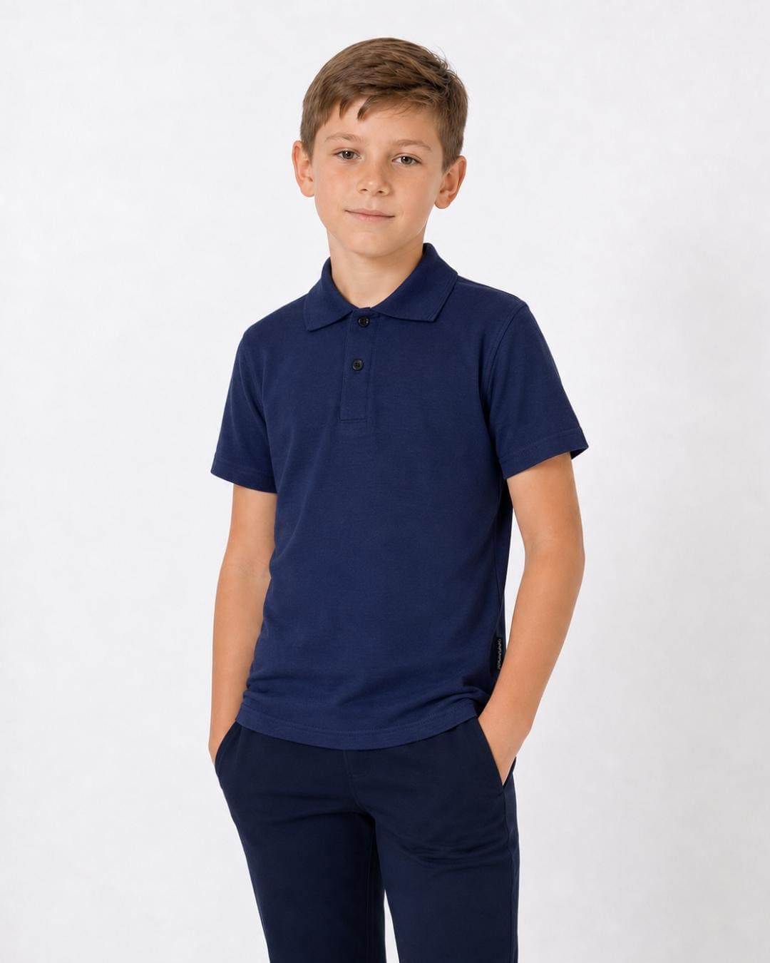 8 year old boy wearing short sleeve navy UV polo shirt UPF 50+ in a studio
