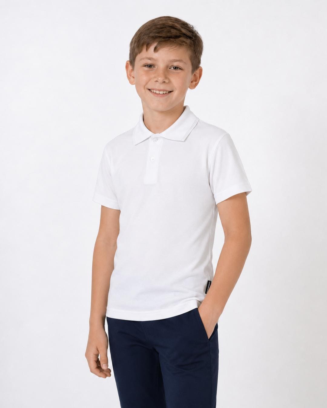 8 year old boy wearing short sleeve white UV polo shirt UPF 50+ in a studio