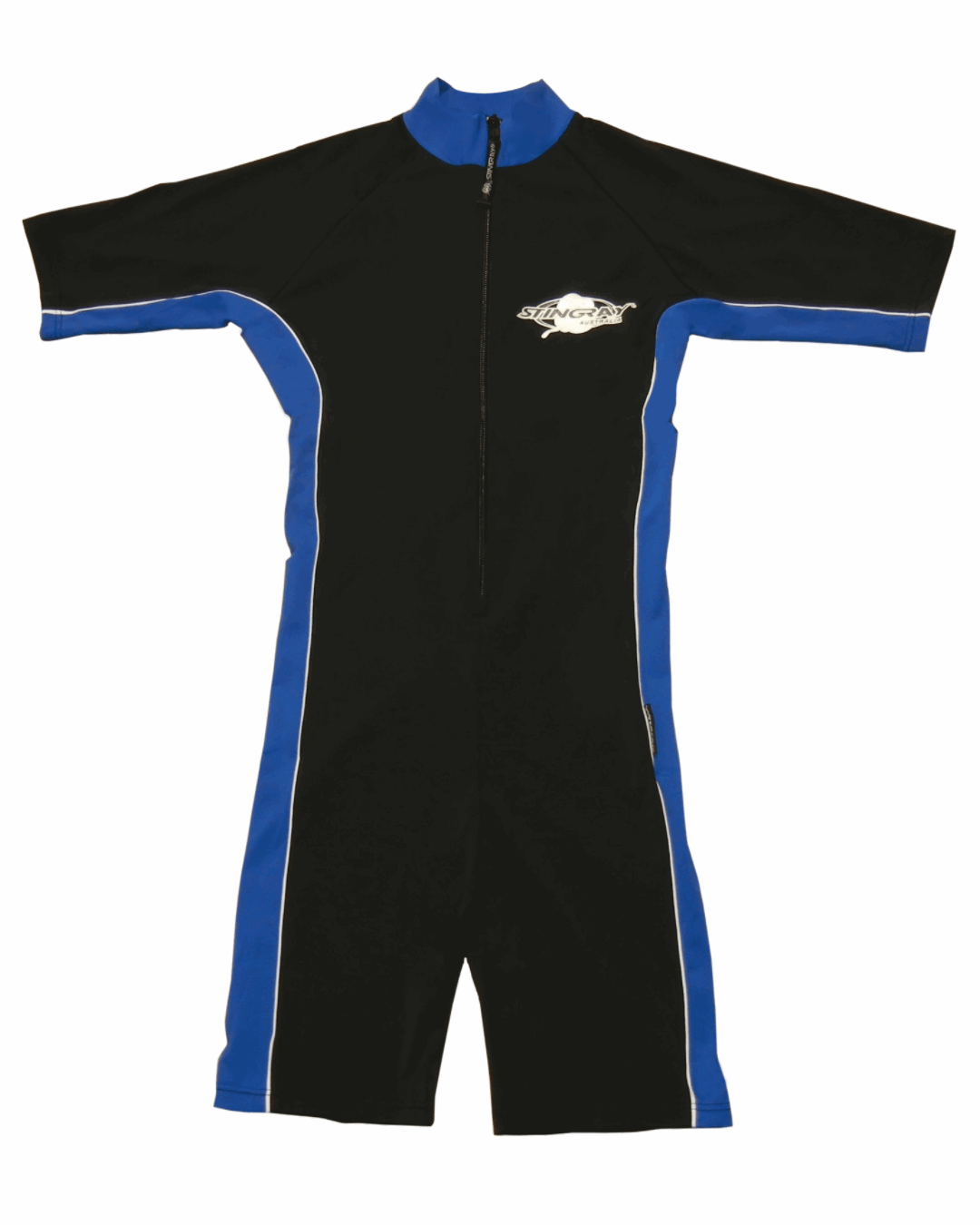 Black and blue UV protection (UPF 50+) sunsuit with a Stingray logo on a white background
