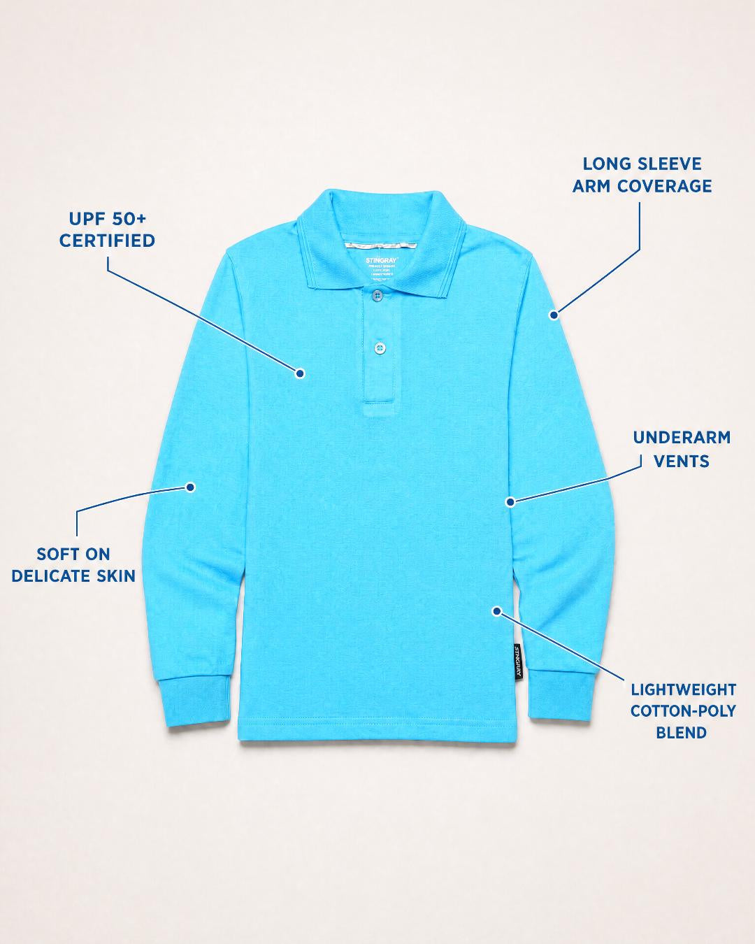Annotated Features Flat Lay of Kids Long Sleeve UV Polo Shirt UPF 50+ in Ice Blue