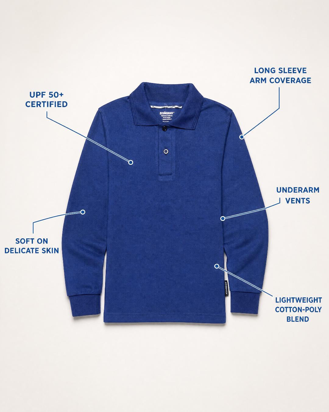 Annotated Features Flat Lay of Kids Long Sleeve UV Polo Shirt UPF 50+ in Navy