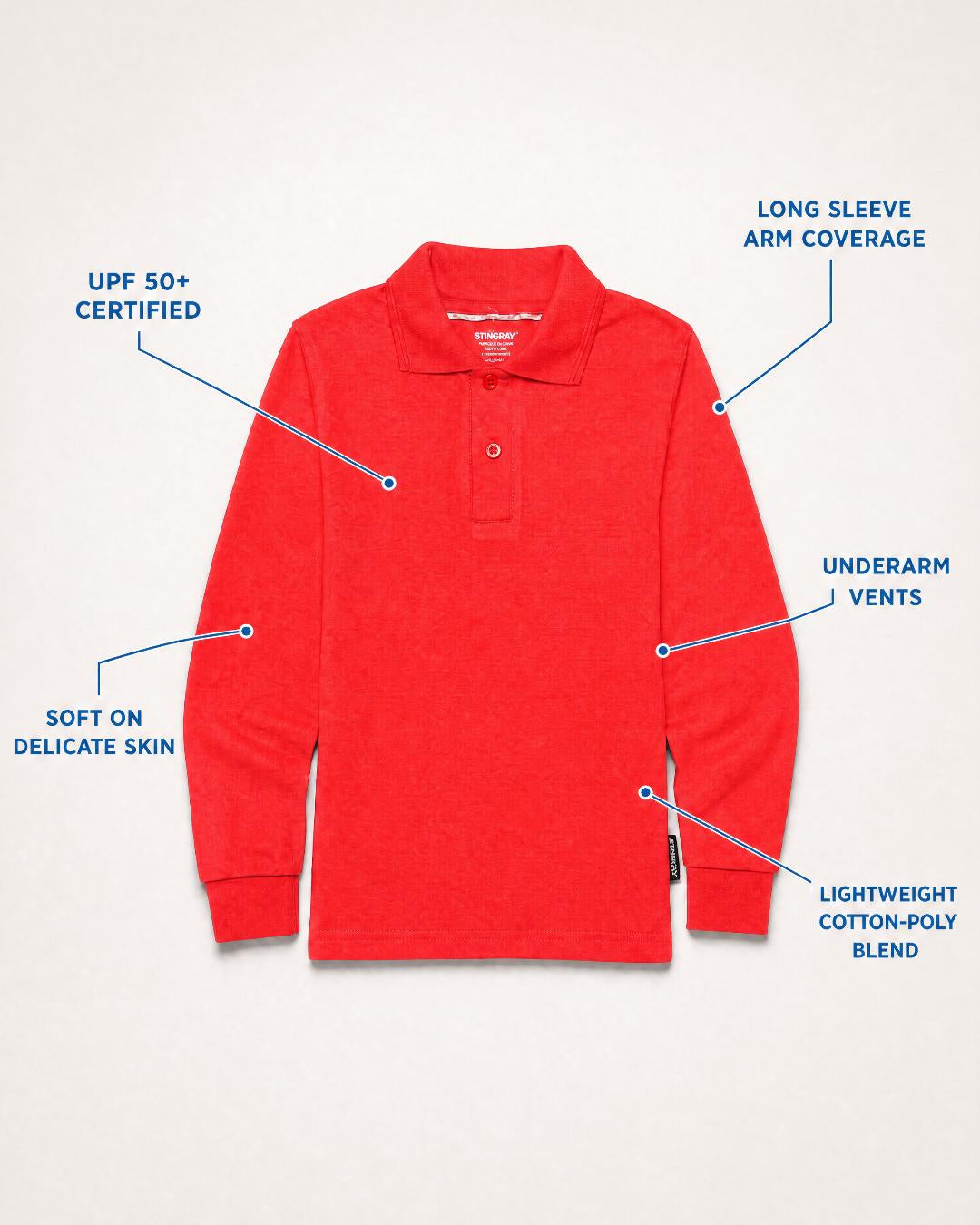 Annotated Features Flat Lay of Kids Long Sleeve UV Polo Shirt UPF 50+ in Red