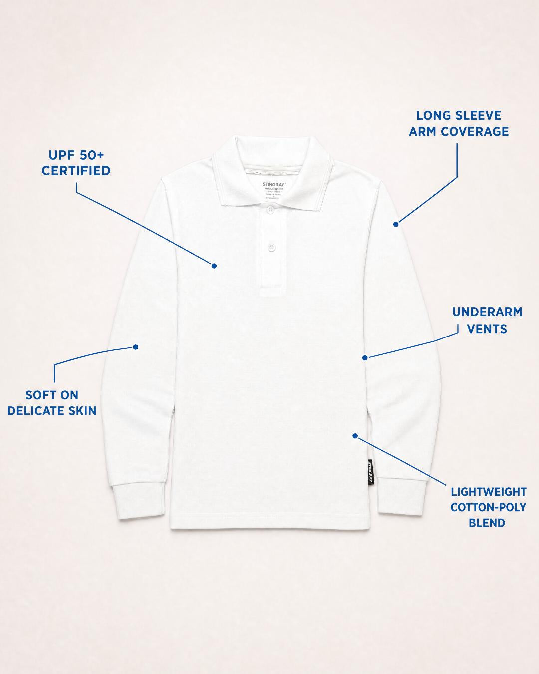 Annotated Features Flat Lay of Kids Long Sleeve UV Polo Shirt UPF 50+ in White